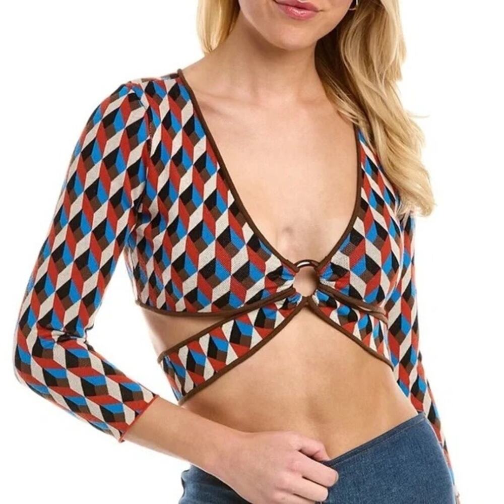 Ronny Kobo Sz XS Orange Blue sweater Geometric Print V-Neck Cut Out Crop Top